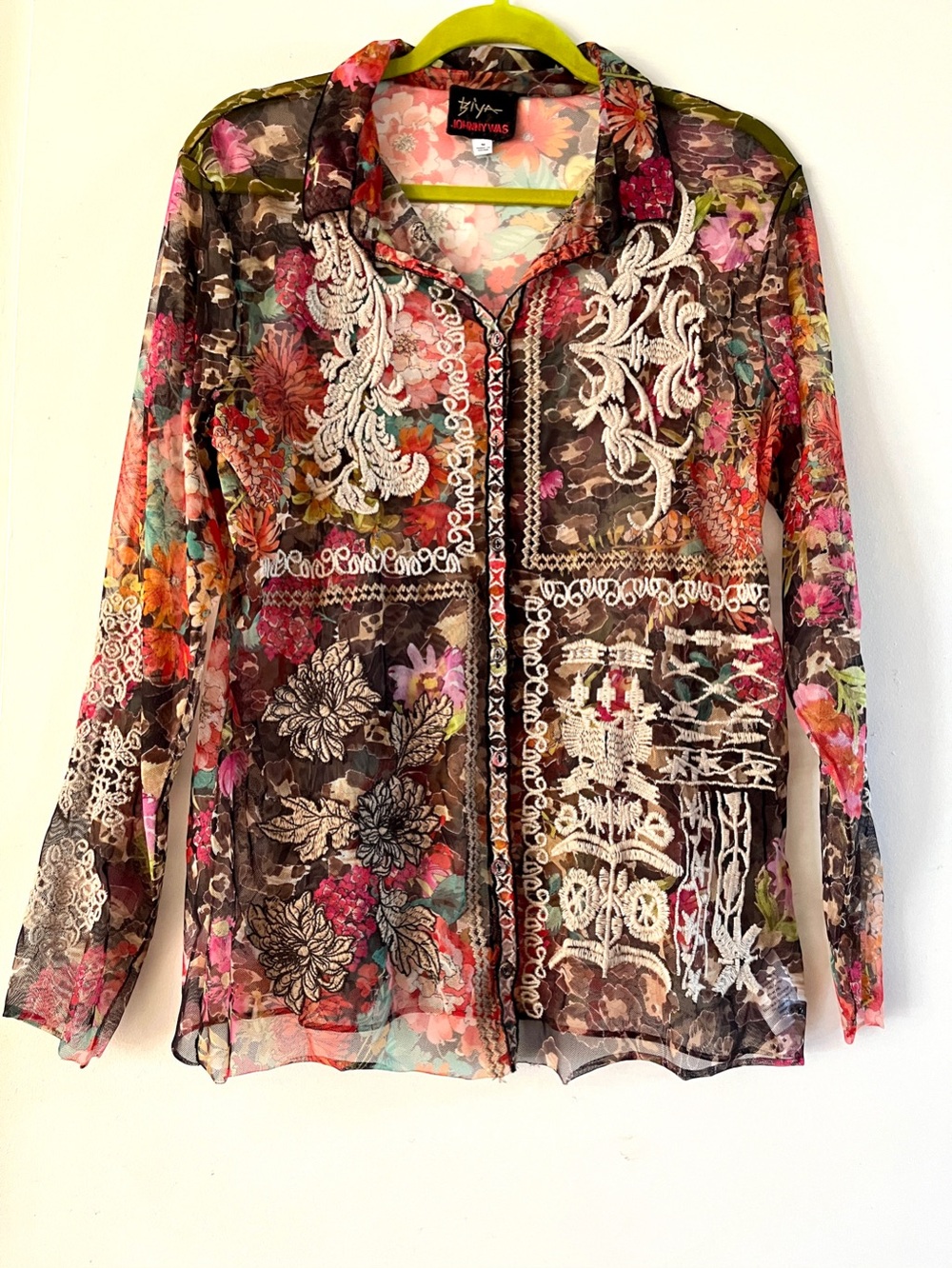 Johnny Was Mazzy Sheer Button-Down Fitted Blouse in Brown and Pink